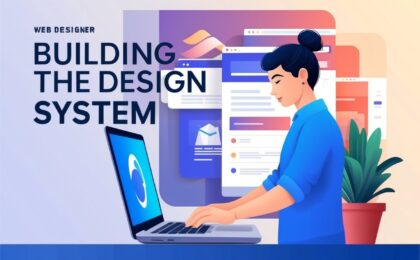 Woman working on a laptop illustrating a design system concept with Elementor